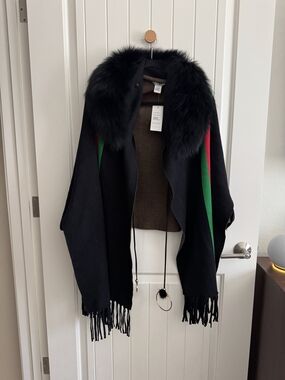 Black Fur Collar Fringe Cape with Green and Red Accents